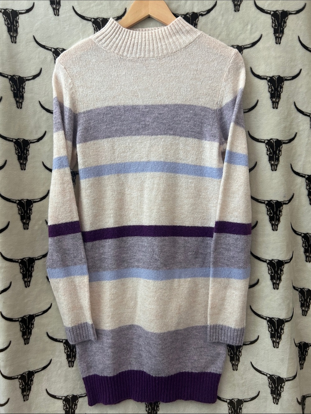 Francesca’s Miami Striped Sweater Dress Size M Purple Blue Cream